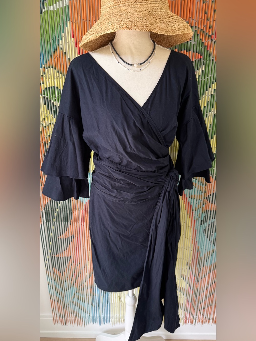 Wayf Navy Wrap Dress with Tiered Bell Sleeves